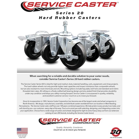 Service Caster 3'' Hard Rubber Wheel Swivel 1-1/4'' Expand Stem Caster Set 2 Brakes, 4PK SCC-EX20S314-HRS-2-PLB-2-114